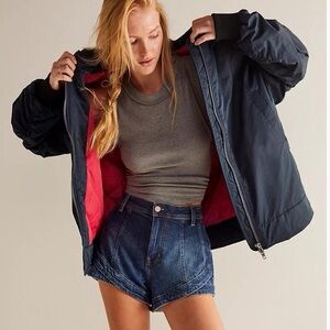Free People Becca Bomber Jacket Oversized Dark Navy Blue Large